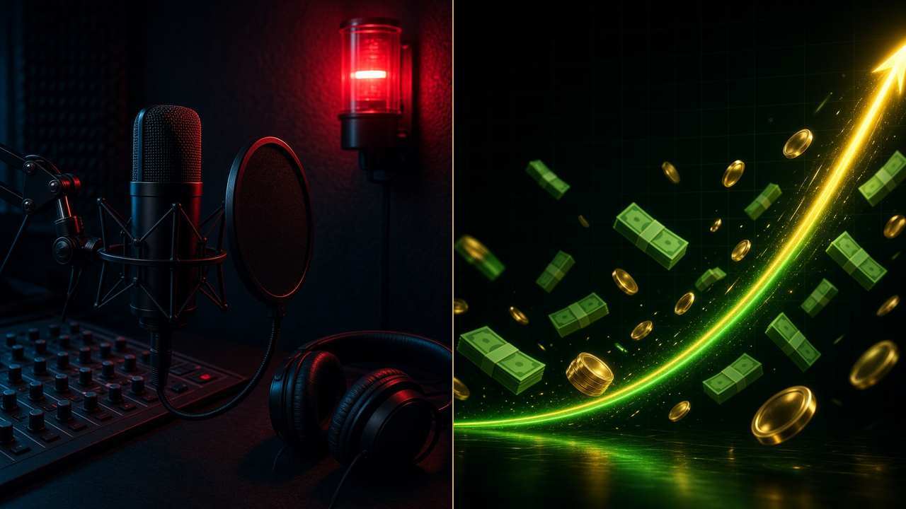 A la izquierda, un estudio de radio en penumbra con un micrófono de condensador con filtro antipop en primer plano, una consola de perillas, unos audífonos sobre la mesa y una lámpara roja de «al aire» encendida en la pared; a la derecha, sobre fondo negro, una curva de neón verde y dorada que corre plana abajo y luego se dispara hacia arriba en forma de flecha, rodeada de fajos de billetes verdes y monedas doradas que vuelan.
