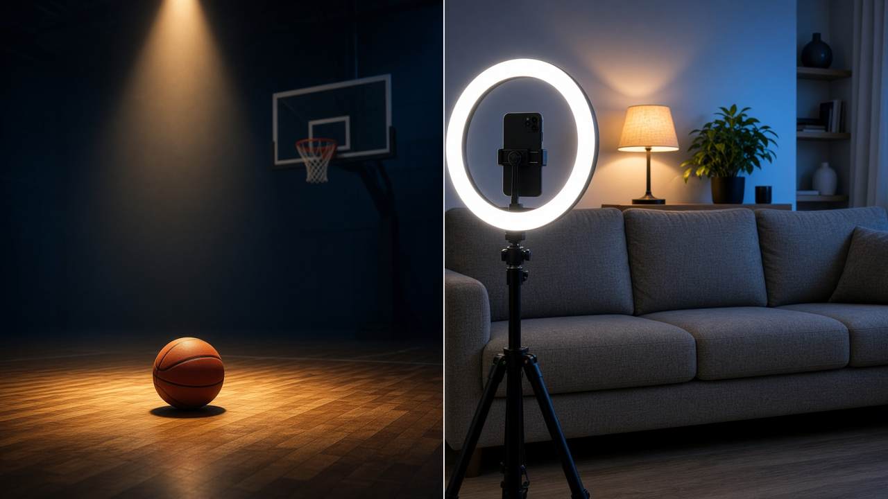 Portada dividida: a la izquierda, una cancha de básquet vacía en penumbra con un balón naranja sobre el parquet bajo un reflector cenital y un aro con red; a la derecha, un set casero de creador de contenido con un ring light encendido, un celular en trípode y un sofá gris vacío con luz cálida.
