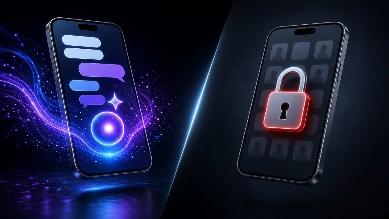 Ilustración conceptual: a la izquierda, un celular iluminado en azul y violeta con burbujas de chat y el ícono brillante de una inteligencia artificial; a la derecha, un celular gris y apagado con una cuadrícula de apps bloqueada por un gran candado rojo.