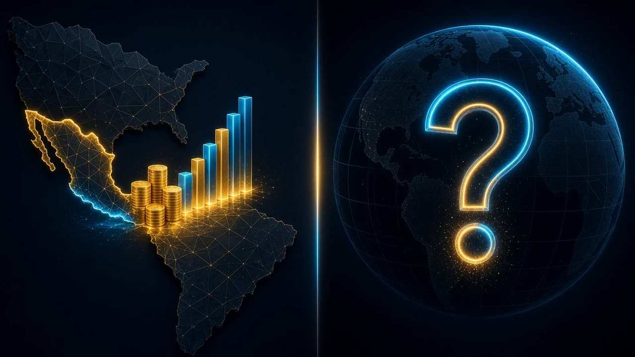 Ilustración conceptual dividida en dos: a la izquierda, un mapa estilizado y oscuro de América con México resaltado en luz dorada y cian, junto a pilas de monedas de oro y barras luminosas que suben; a la derecha, un globo terráqueo oscuro con un gran signo de interrogación luminoso en dorado y cian.